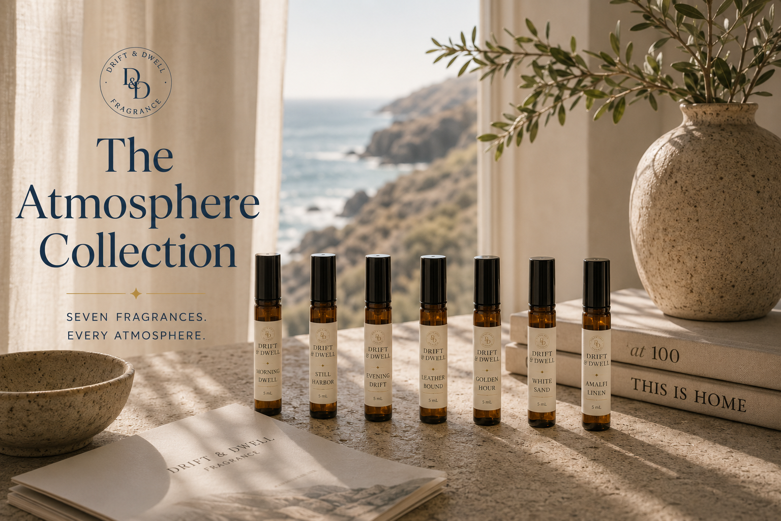 Seven Drift & Dwell fragrance atomizers displayed on a stone surface with corresponding atmosphere imagery representing each scent's mood, from morning sunlight to midnight skies.