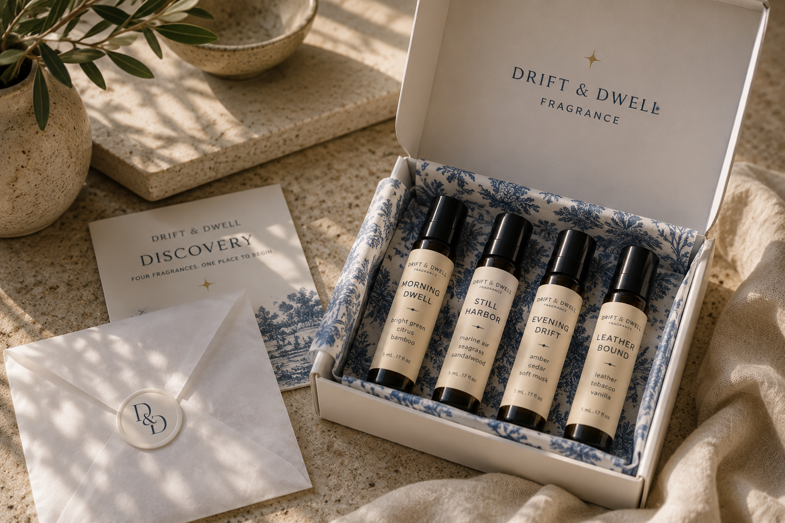 Four fragrance atomizers featuring Morning Dwell, Still Harbor, Evening Drift, and Leather Bound.