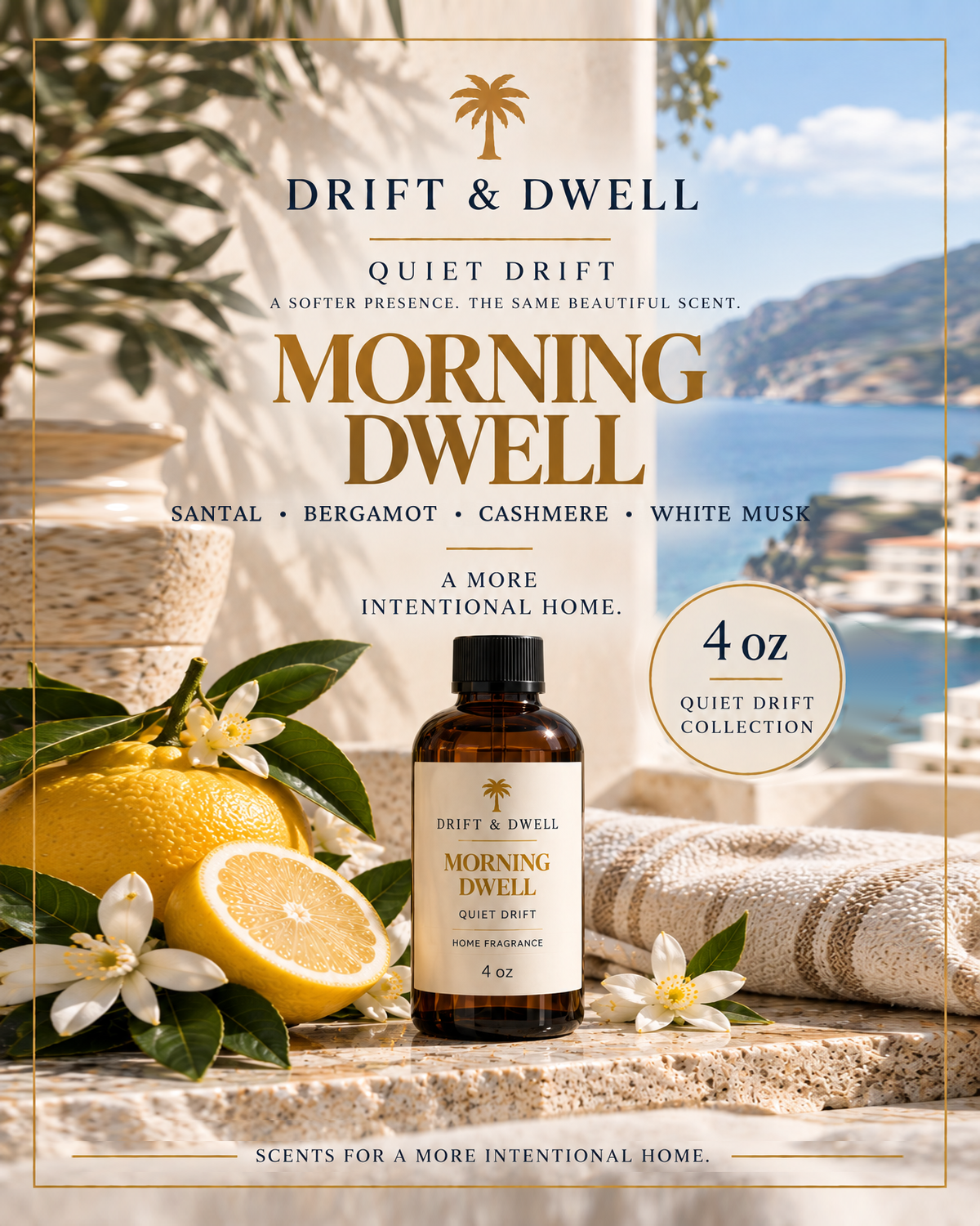 Morning Dwell Quiet Drift 4 oz, Santal, Bergamot, Cashmere, White Musk