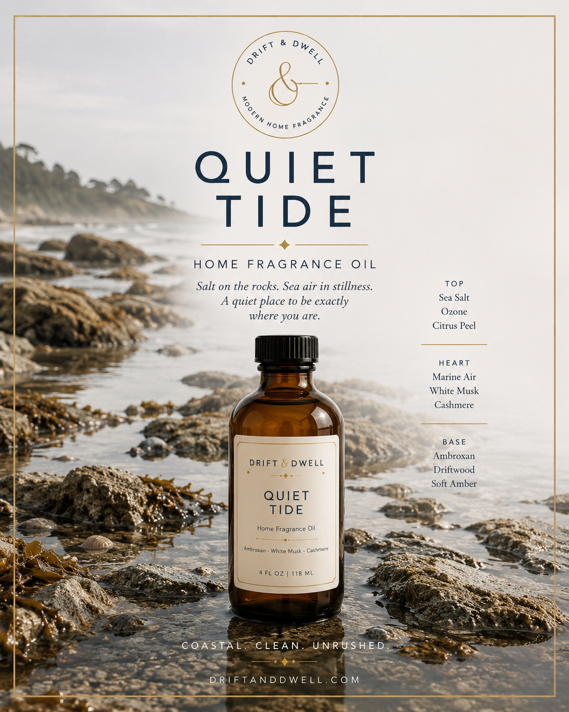 Quiet Tide home fragrance oil, editorial poster