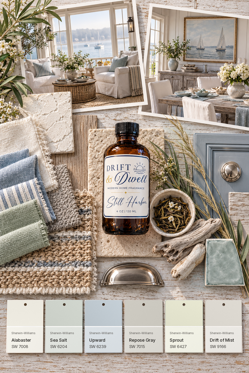 Still Harbor design mood board with Sherwin-Williams paint palette
