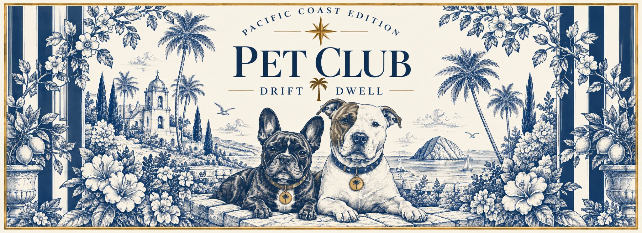 Bruno and Chance posed together in a blue and ivory Pacific Coast garden scene