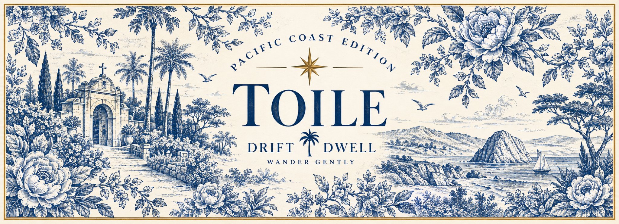 Blue and ivory Central Coast toile illustration with mission architecture, palms and Morro Rock