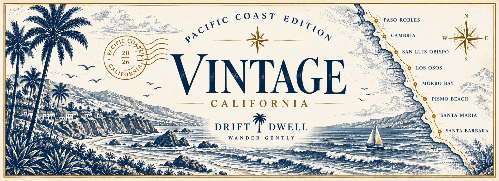 Vintage illustrated Pacific Coast scene with palms, shoreline and the eight chapter stops